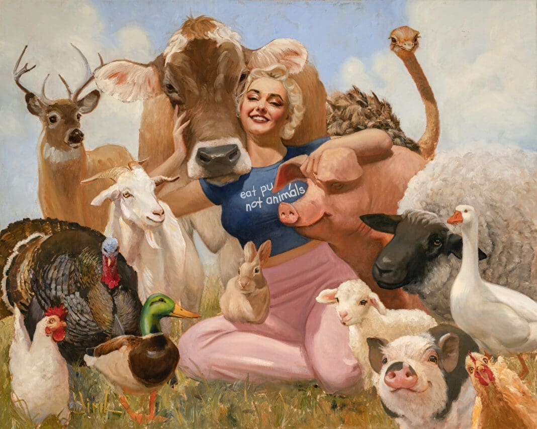 A painting of a man and woman surrounded by animals.