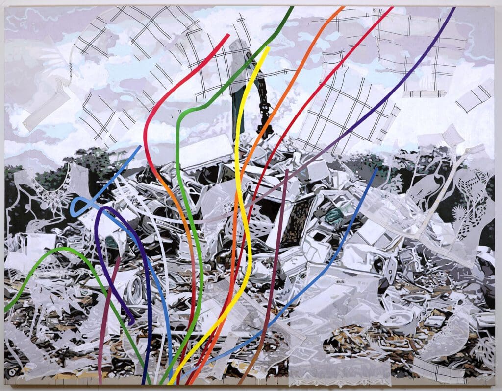 A painting of many wires and debris on the ground.