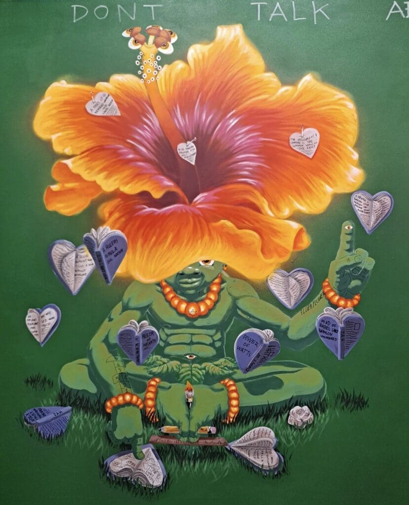 A painting of a man sitting in the lotus position with a flower.