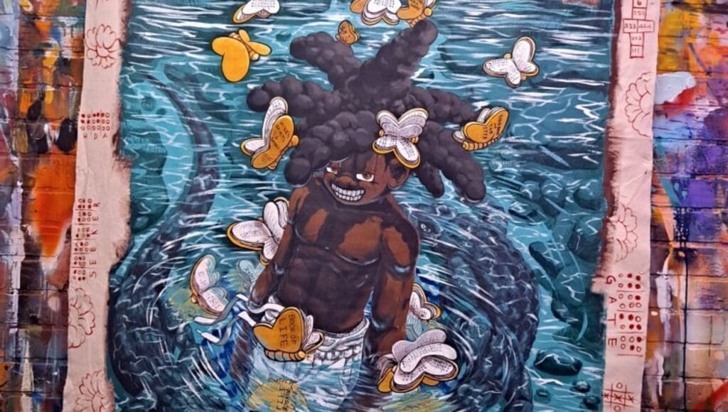 A painting of a person in the water with butterflies.