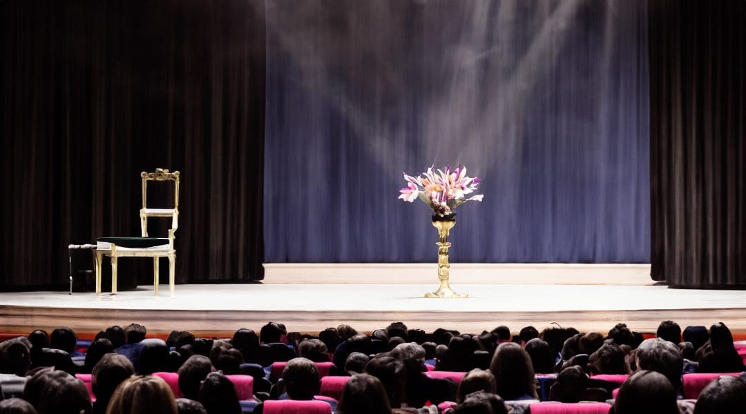 A stage with people watching and flowers in the middle