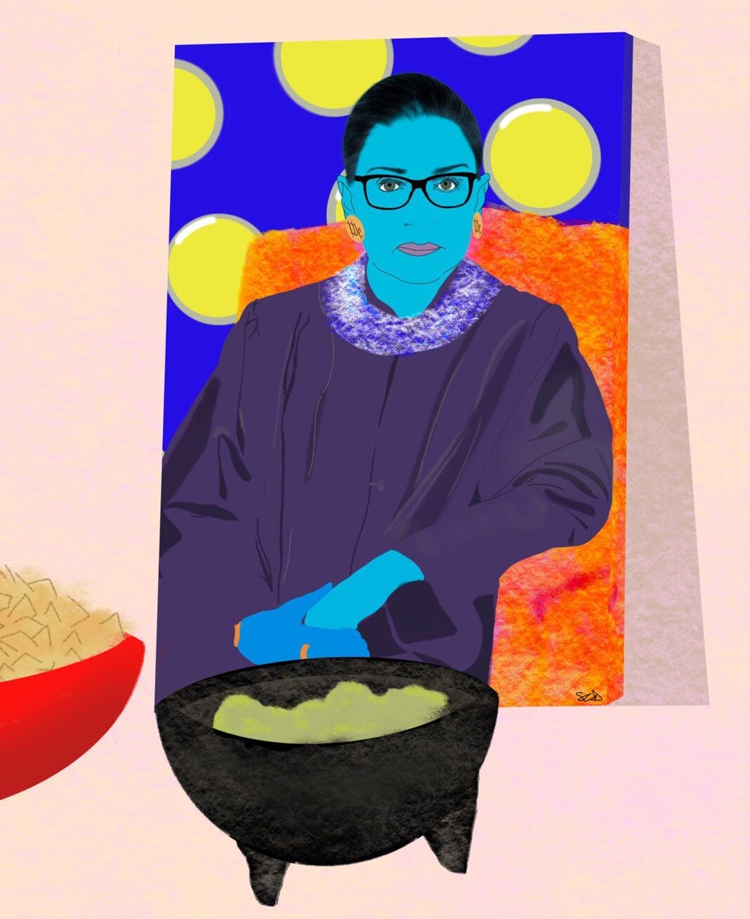 A painting of ruth bader ginsburg sitting in front of a bowl.