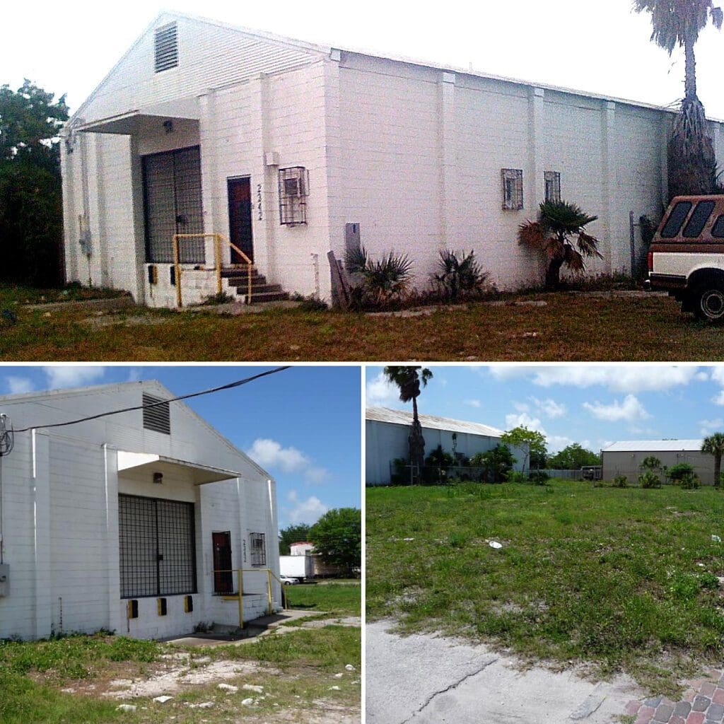 A collage of pictures with a truck parked in front and some buildings.