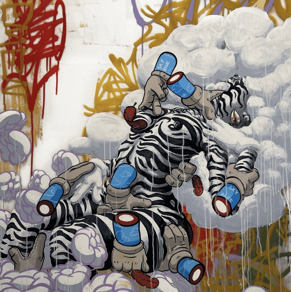 A painting of zebras in the middle of a cloud filled sky.